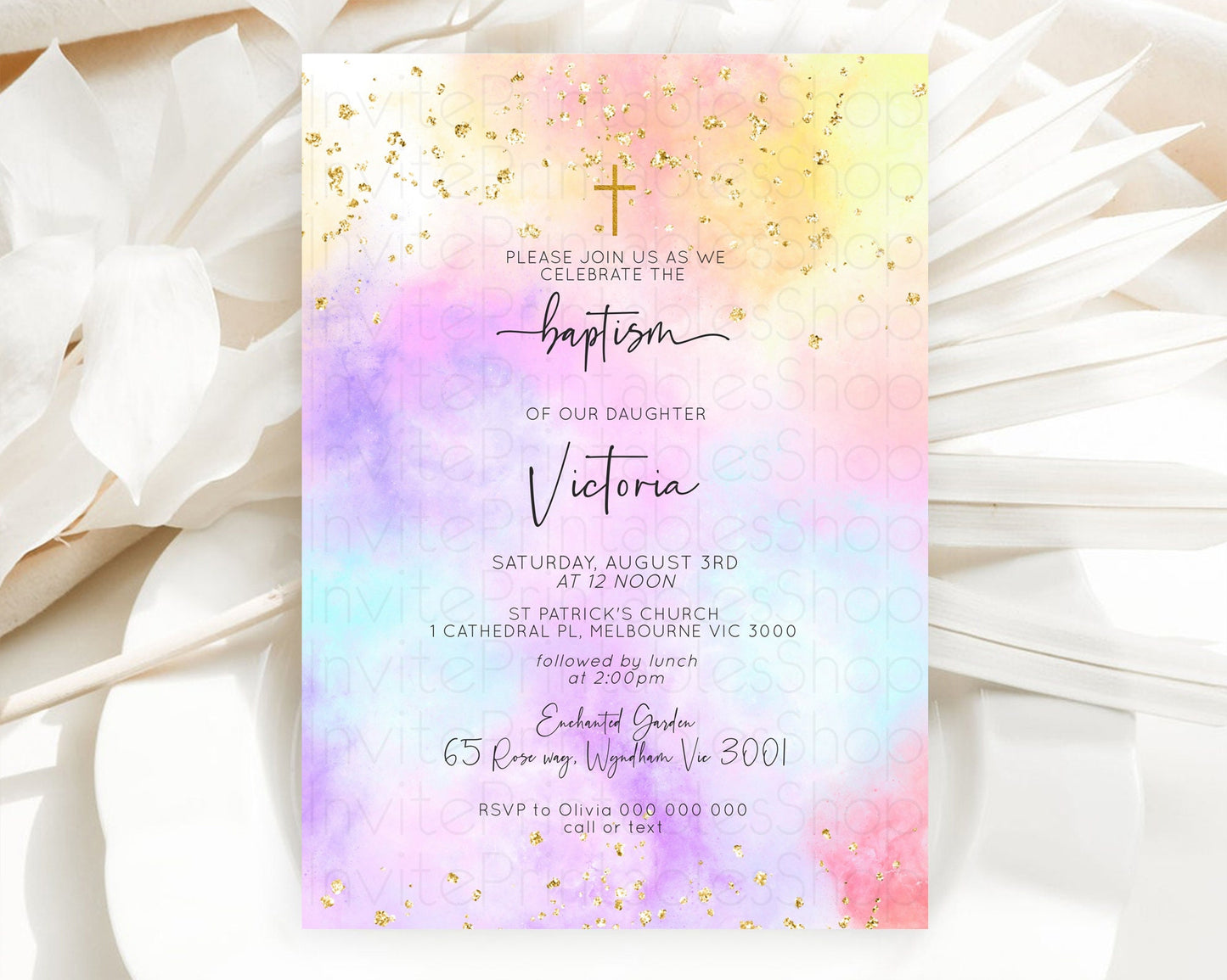 Pastel Baptism Invitation Pastel Colors Watercolor Baptism 1st Birthday Party Gold Ombre Pastel Rainbow Christening Holy Communion D10437