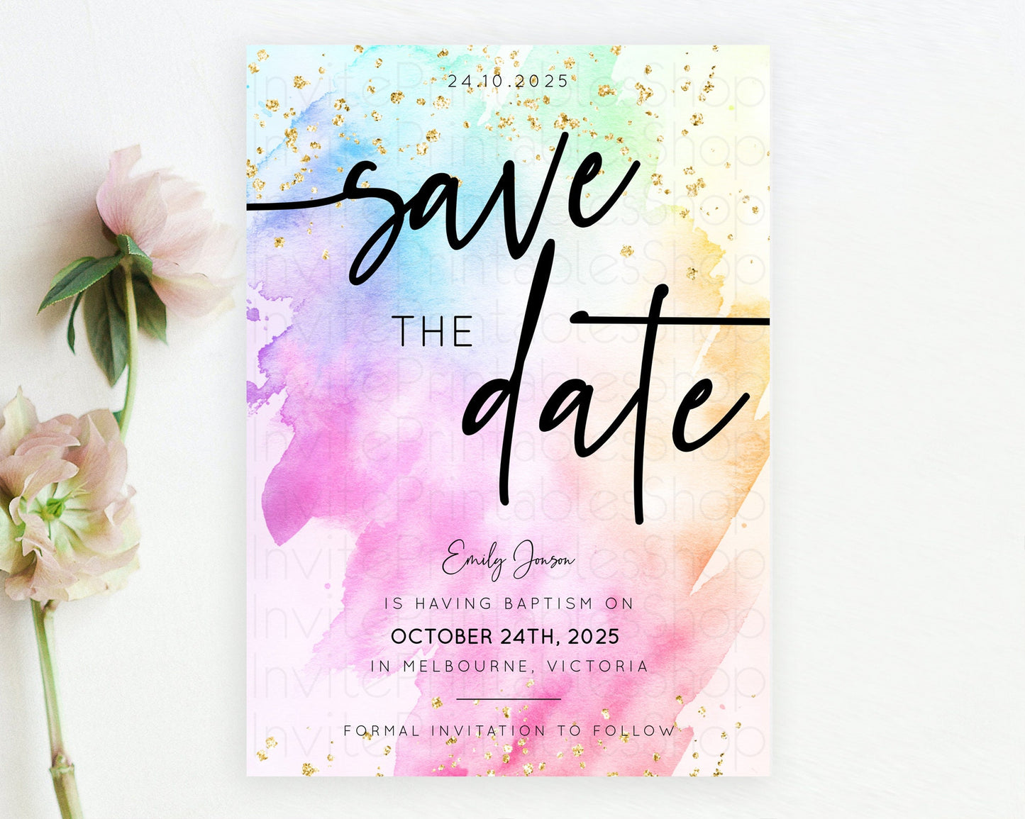 Pastel Save The Date Template Pastel Ombre Rainbow Watercolor Colorful Party For Birthday Baptism Baby Shower Wedding Bridal Shower D10449