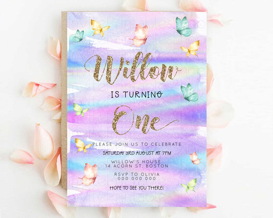 Pastel Butterfly Birthday Invitation Butterfly Birthday Invitation Colorful Splash Glitter Butterfly Garden 1st 2nd Birthday D23215