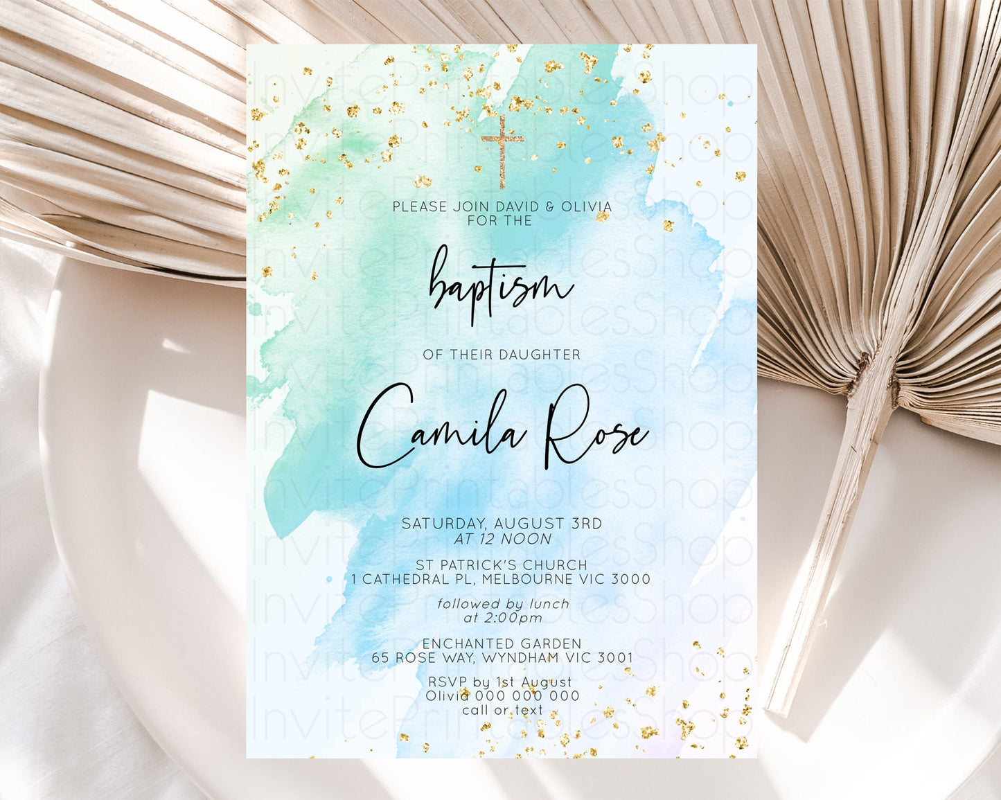 Blue Baptism Invitation Blue Watercolor Baptism 1st Birthday Invitation Pastel Blue Watercolor Christening Invite Blue Splash D10168