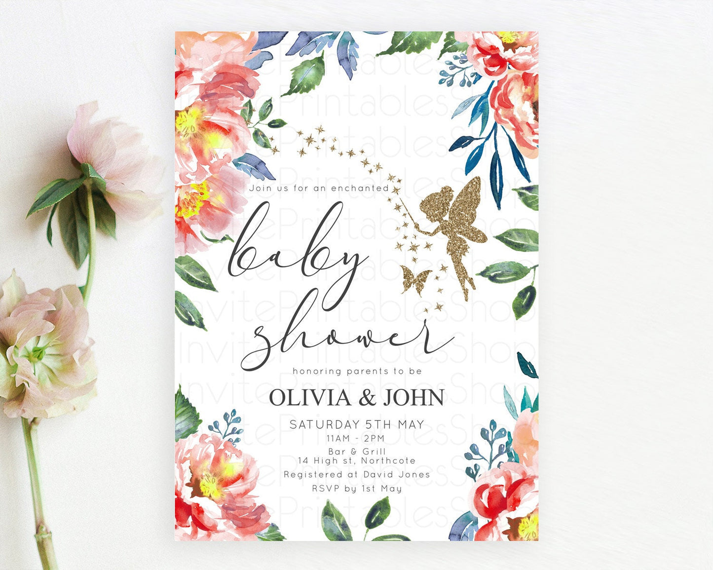 Fairy Baby Shower Invitation Pastel Fairy Invites Fairy Tea Party Fairy Garden Theme Secret Garden Enchanted Garden Floral Butterfly D10752