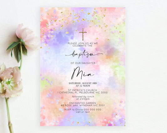 Pastel Baptism Invitation Pastel Colors Watercolor Baptism 1st Birthday Party Gold Ombre Pastel Rainbow Christening Holy Communion D10610