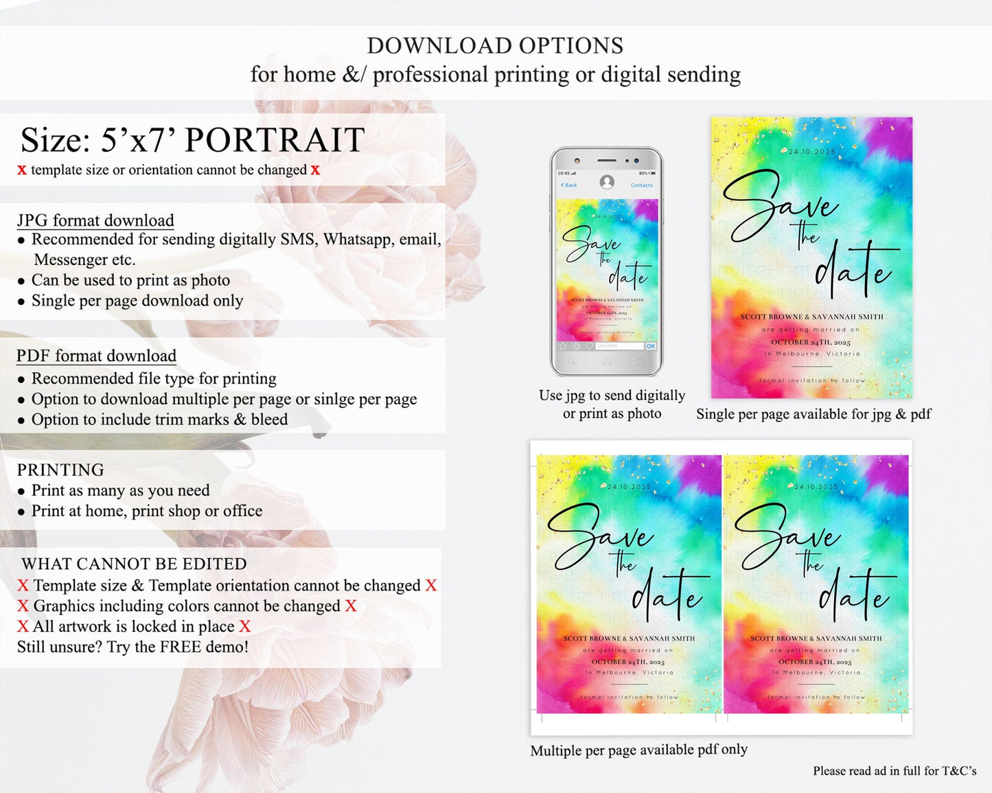 Tie Dye Save The Date Template Rainbow Pastel Ombre Watercolor Party For 1st Birthday Baptism Baby Shower Bridal Shower Wedding D10462