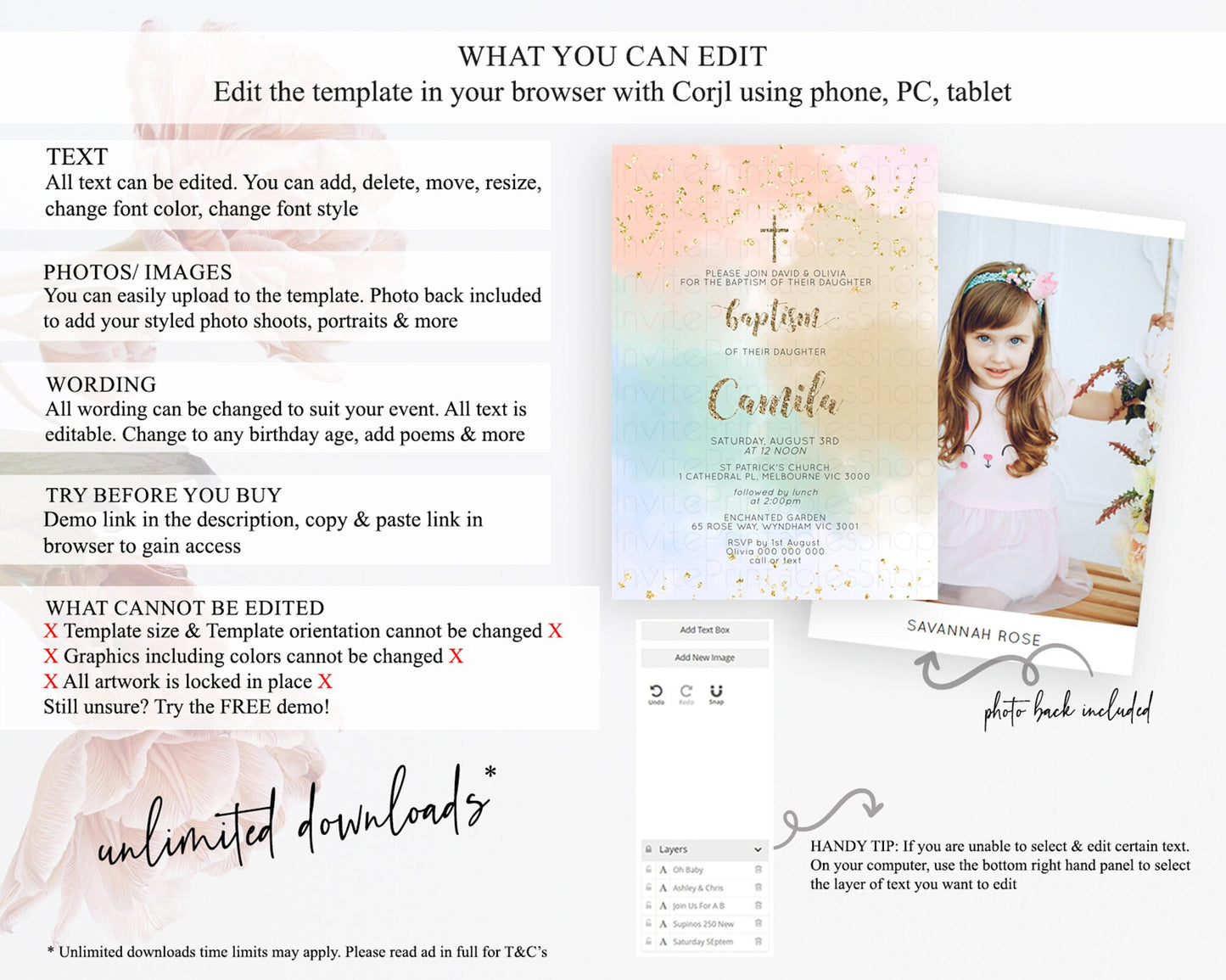 Pastel Baptism Invitation Pastel Colors Watercolor Baptism 1st Birthday Party Gold Ombre Pastel Rainbow Christening Holy Communion D10377