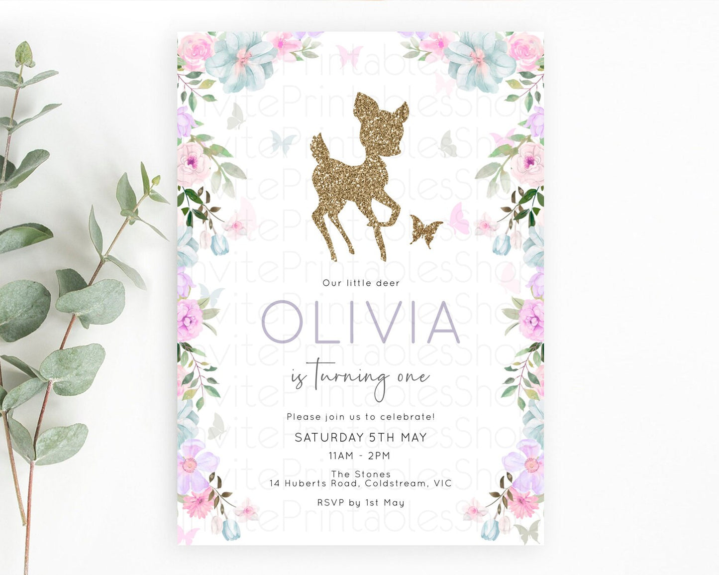 Fawn Birthday Invitation Deer Birthday Invitation Enchanted Forest Party Butterfly Pastel Flowers Whimsical 2nd 1st First Birthday D10476