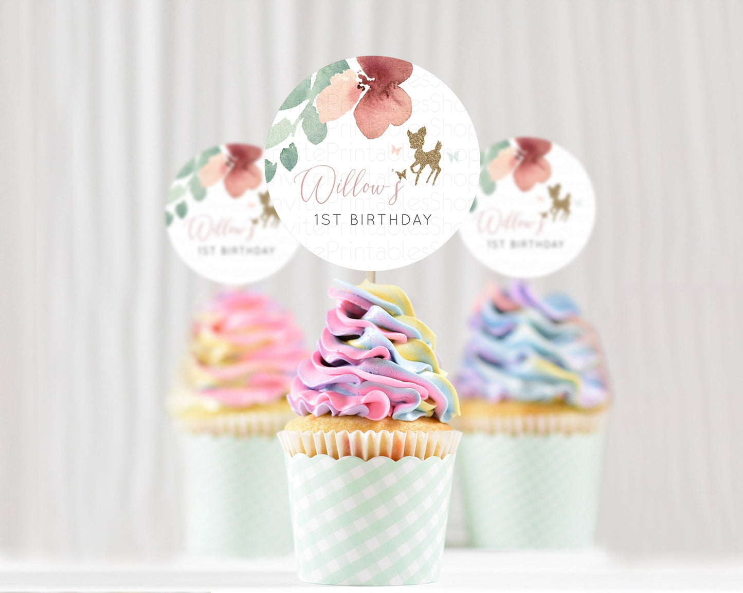 Fawn Cupcake Toppers Deer Cupcake Toppers Enchanted Forest Party Butterfly Pastel Flowers Woofland Cupcake Toppers First Birthday D10459