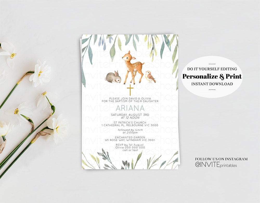 Leaf Deer Baptism Invitation Enchanted Garden Christening Invitation Forest Animals Eucalyptus Leaves Green Soft Pastel Gold Orthodox Cross