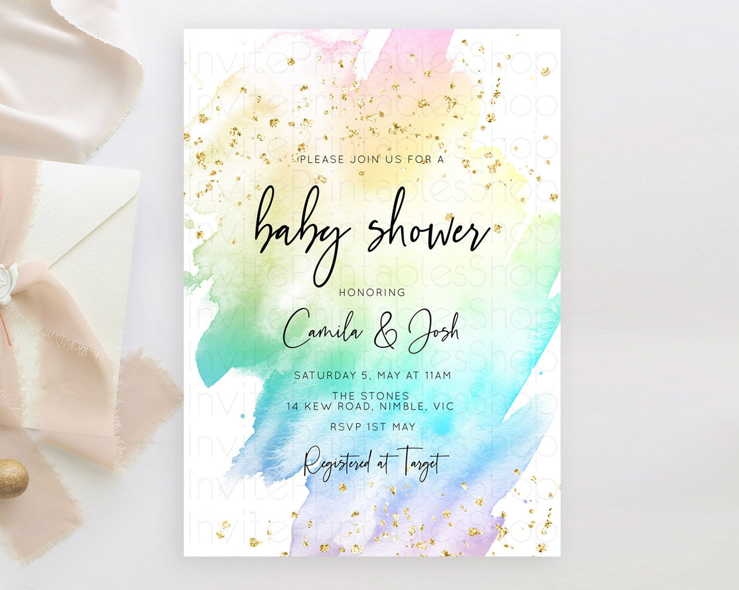 Pastel Rainbow Baby Shower Invitation, Colorful Watercolor with Gold Glitter Sprinkles Ombre Effect Pink, Yellow, Blue, Green, Purple D10256