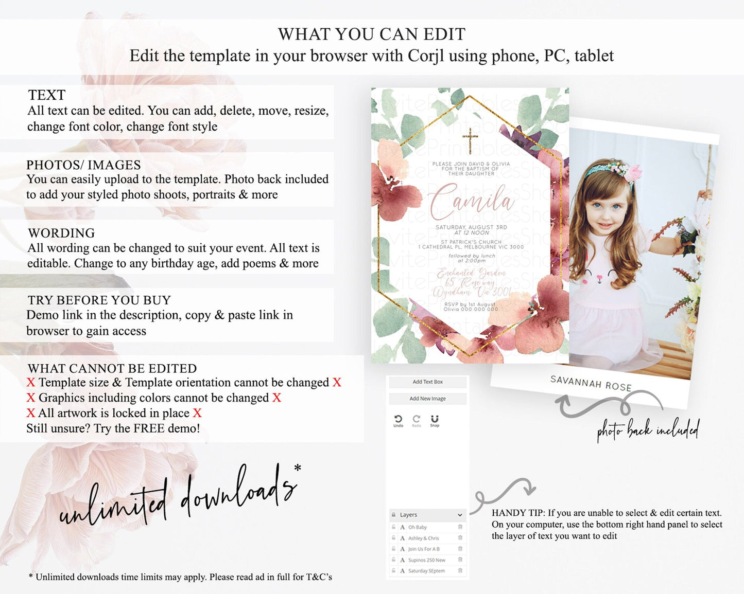 Secret Garden Baptism Invitation Wildflower Baptism Birthday Invite Pastel Flowers Christening Invite Enchanted Garden Boho Floral D10964