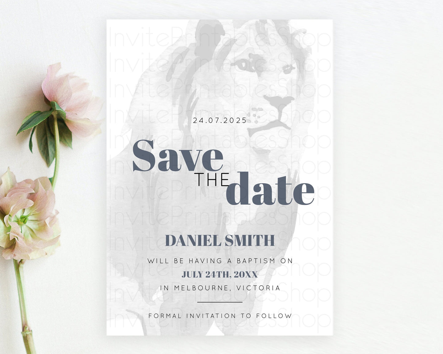 Lion Save The Date Template Lion Safari Adventure Party Dried Palm Ferns Zoo 1st Birthday Baptism Baby Shower Bridal Shower Wedding D10299