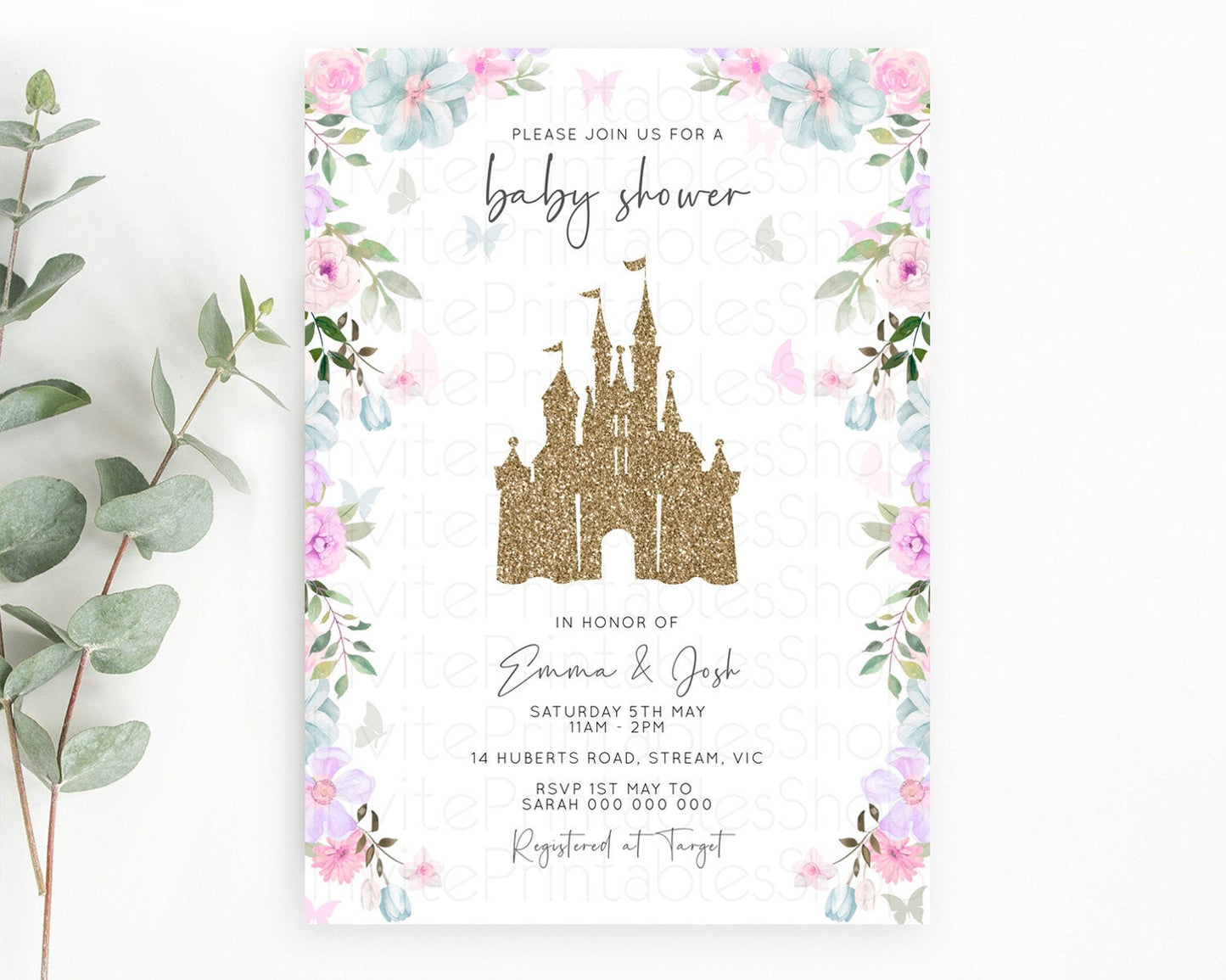 Pastel Princess Baby Shower Invitation Floral Castle Invitation Royal Baby Invite Enchanted Castle Pastel Flower Garden Baby Shower D10470