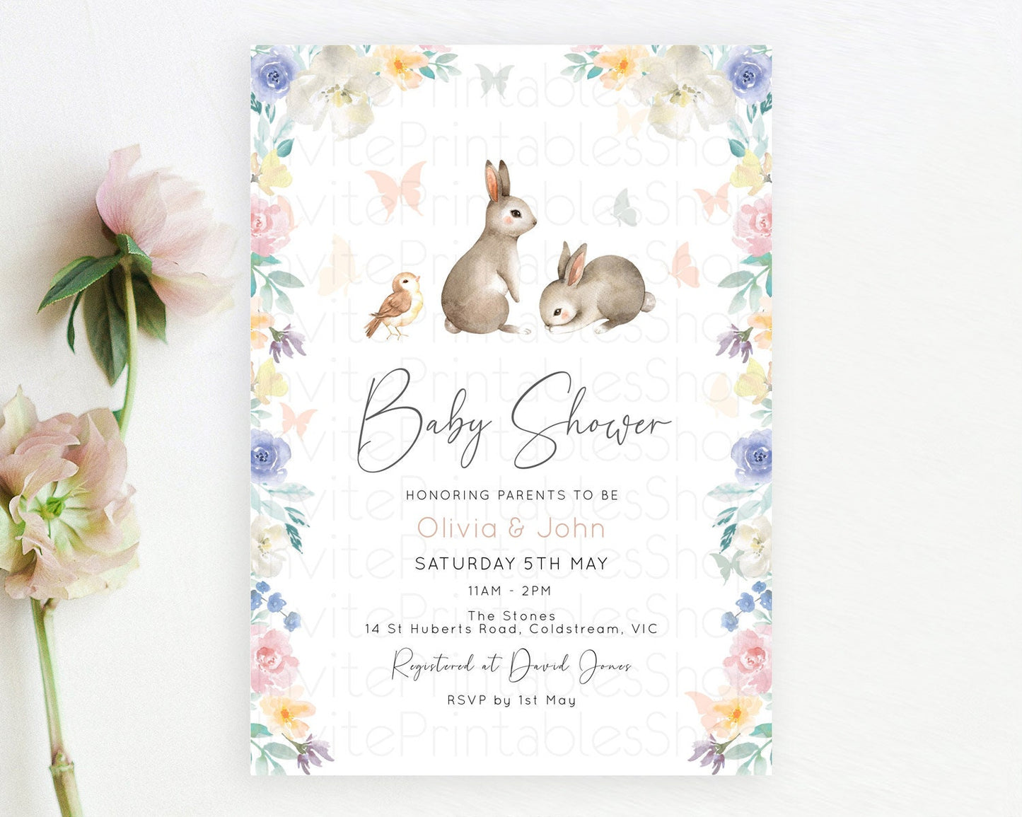 Bunny Baby Shower Invitation: Secret Garden, Enchanted Garden, Pastel Watercolor Woodland - Pink Blue White Flowers and Butterflies D10928