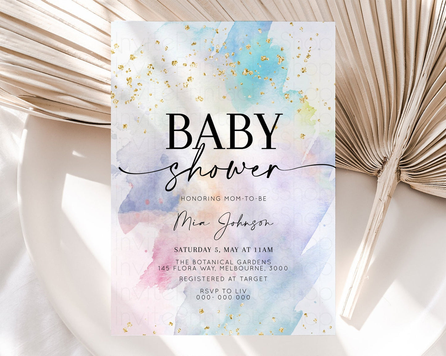 Rainbow Baby Shower Invitation Pastel Baby Sower Invite Colorful Splash Invite Sprinkle Confetti Watercolor Ombre Baby Shower Invite T487