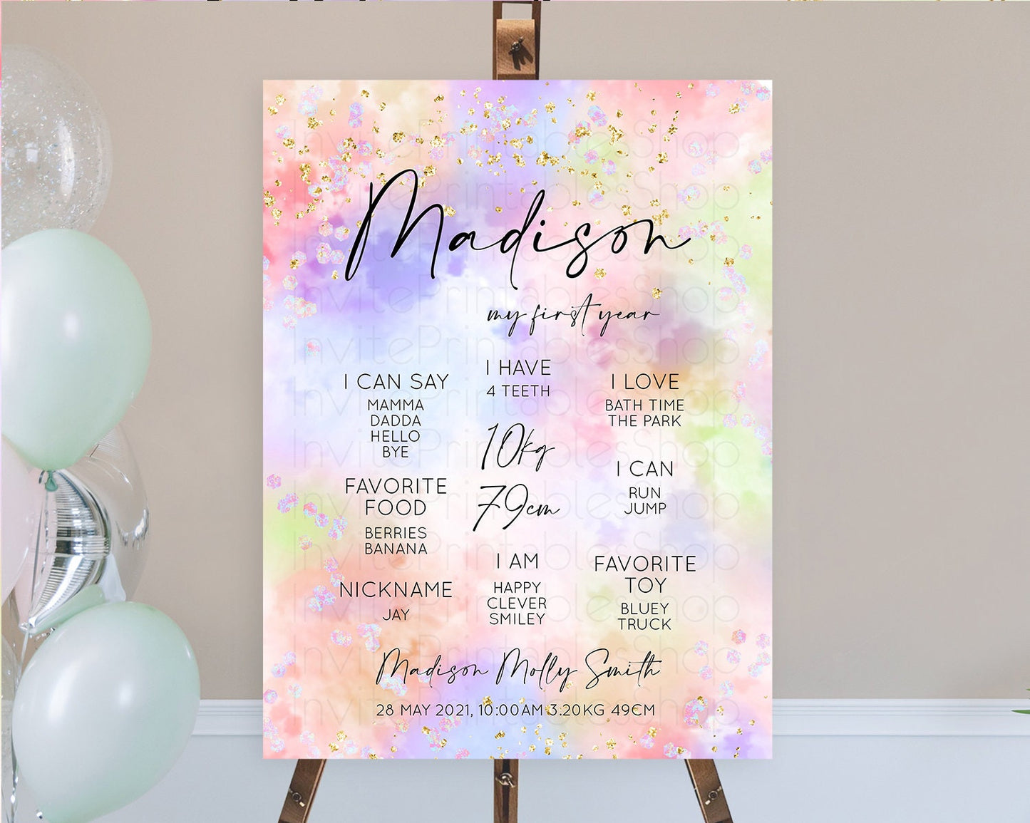 Pastel First Birthday Milestone Board Pastel Rainbow Milestone Poster Colorful Confetti Watercolor Glitter 1st Birthday Welcome Sign D10610
