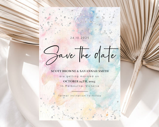 Pastel Silver Save The Date Template Rainbow Colorful Ombre Colorful Watercolor Party 1st Birthday Baptism Baby Shower Bridal Shower D10945