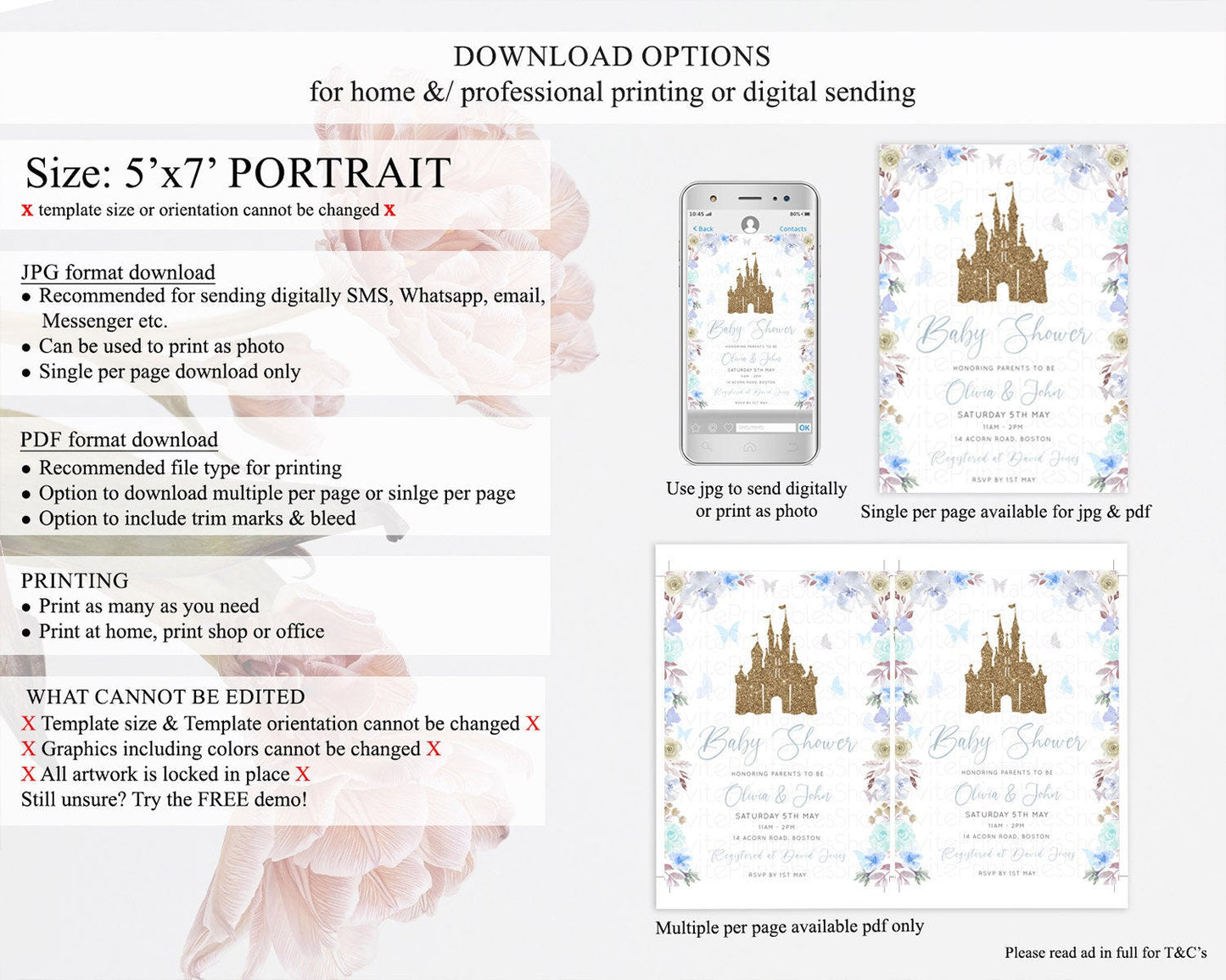 Enchanted Castle Baby Shower Invitation, Whimsical, Secret Garden Theme, Blue Grey Flowers, Soft Floral, Glitter Castle, Butterflies D10932