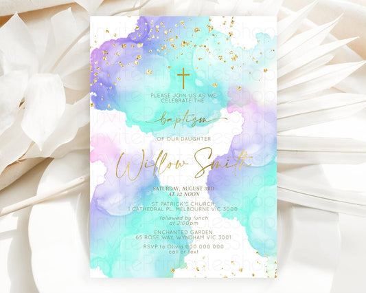 Pastel Baptism Invitation Pastel Colors Watercolor Baptism 1st Birthday Party Gold Ombre Pastel Rainbow Christening Holy Communion D10212