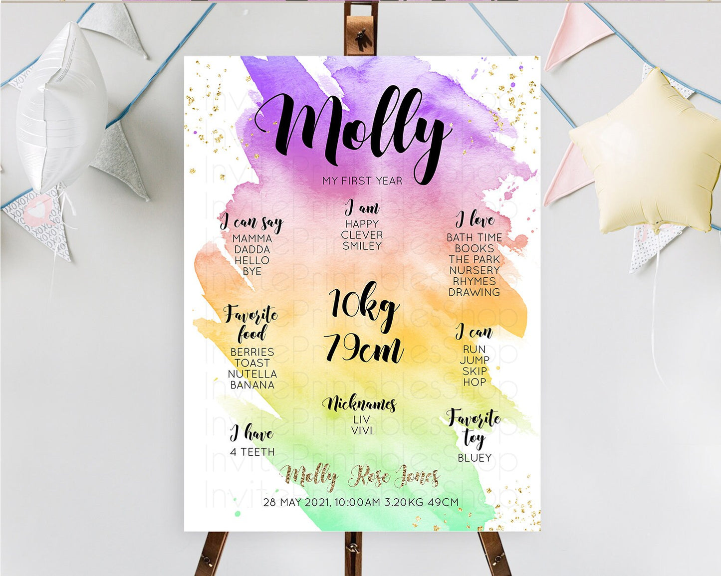 Pastel First Birthday Milestone Board Pastel Rainbow Milestone Poster Colorful Confetti Watercolor Glitter 1st Birthday Welcome Sign D10517