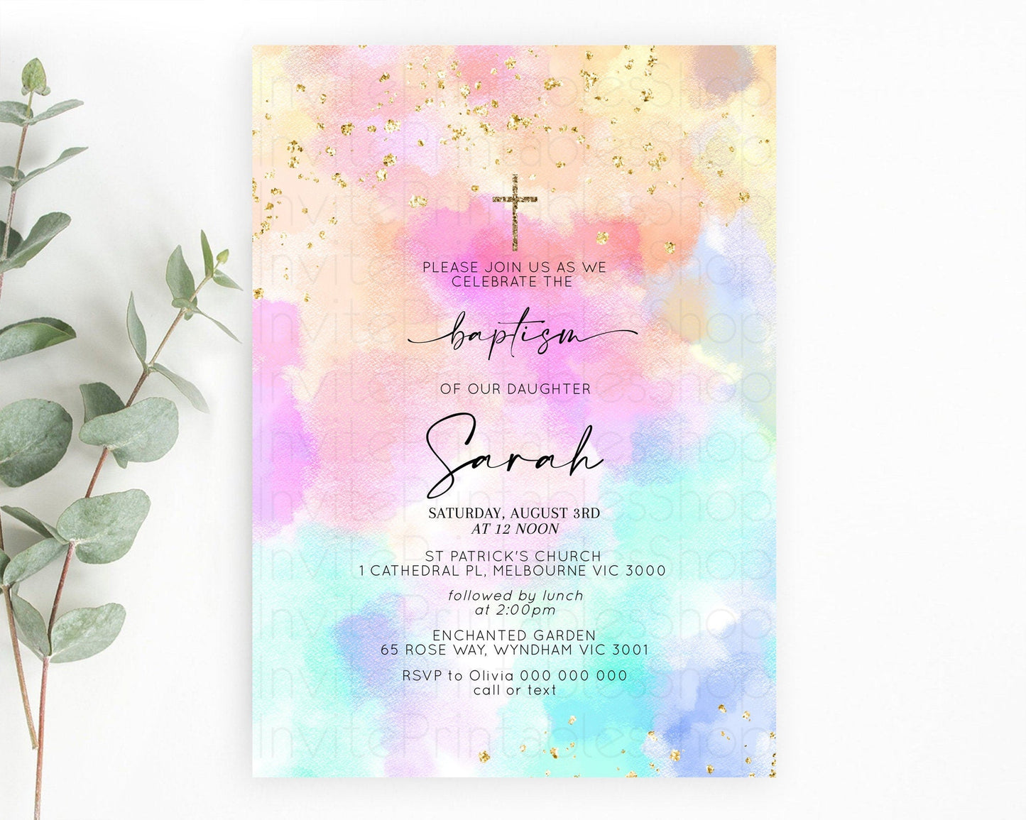 Pastel Baptism Invitation Pastel Colors Watercolor Baptism 1st Birthday Party Gold Ombre Pastel Rainbow Christening Holy Communion D10667