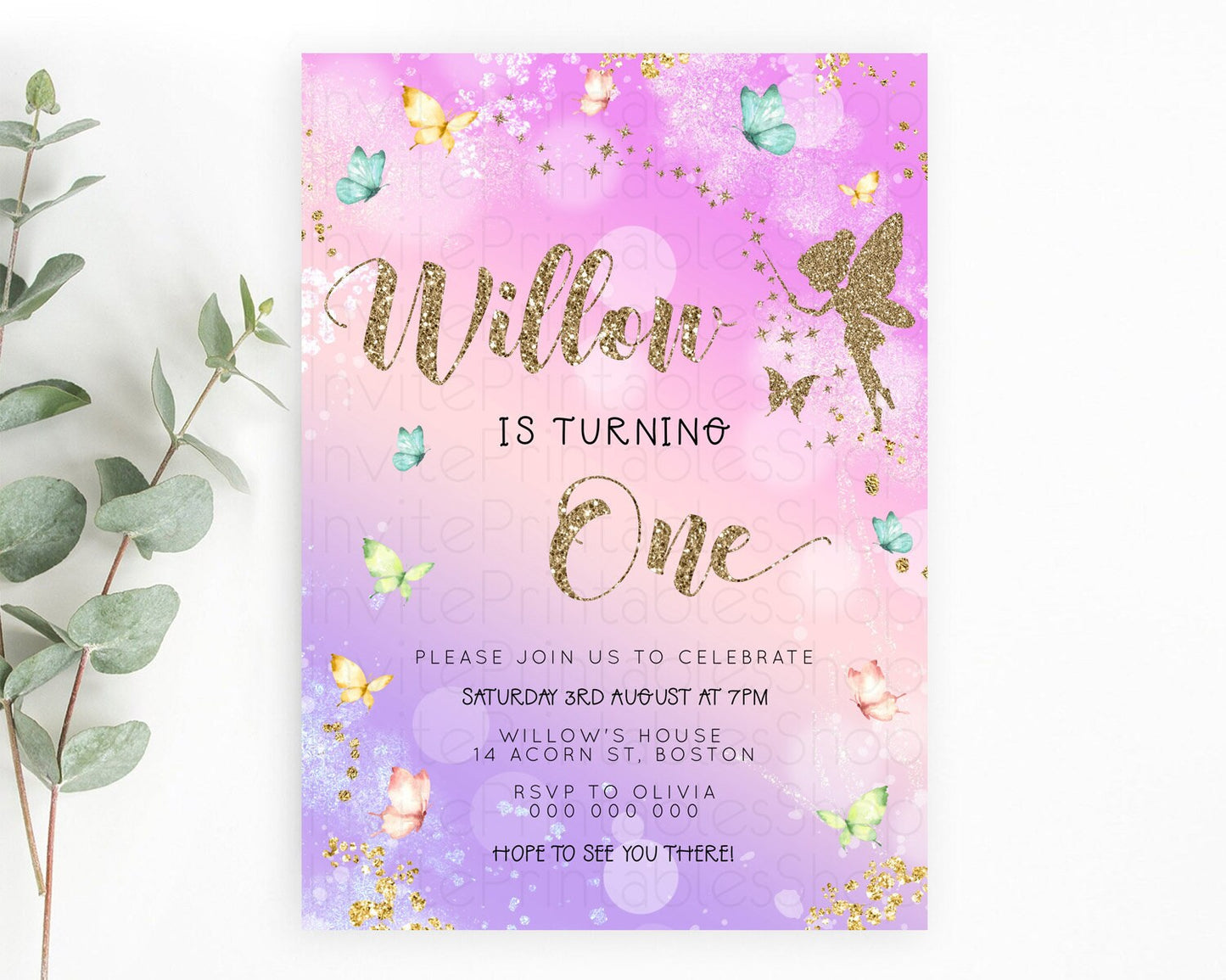 Pastel Fairy Birthday Invitation Pastel Butterflies Fairy Birthday Invitation Rainbow Ombre Watercolor 1st 2nd Birthday Invitation D23164