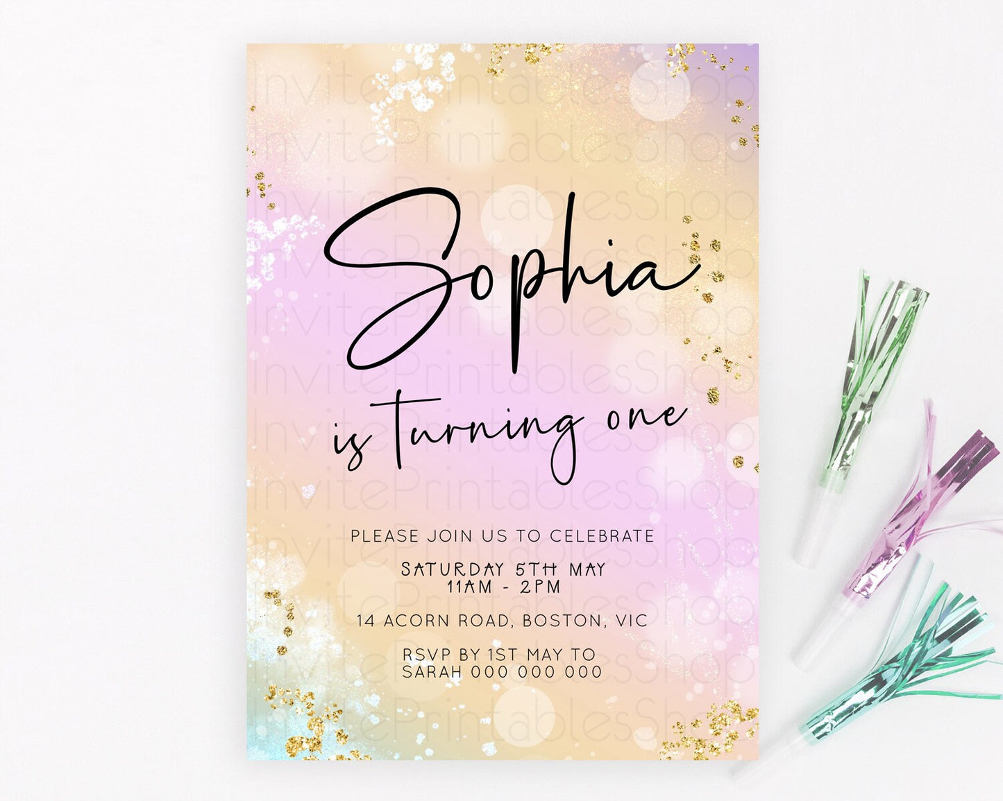 Pastel Birthday Invitation Ombre Watercolor Birthday Invitation Glitter Rainbow Color Splash 1st 2nd 3rd Birthday Invitation D23104