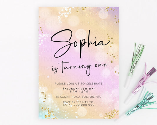 Pastel Birthday Invitation Ombre Watercolor Birthday Invitation Glitter Rainbow Color Splash 1st 2nd 3rd Birthday Invitation D23104