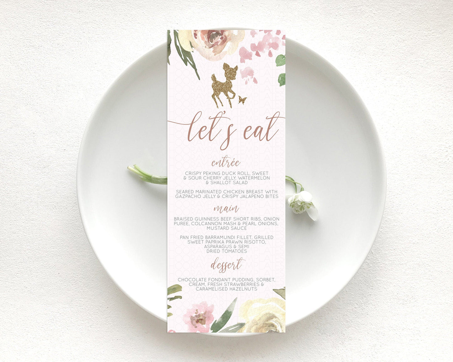 Fawn Menu Deer Menu Template Pastel Floral Deer Table Decor Enchanted Forest Butterfly Floral Dinner Dessert Menu Party Food Menu D10193