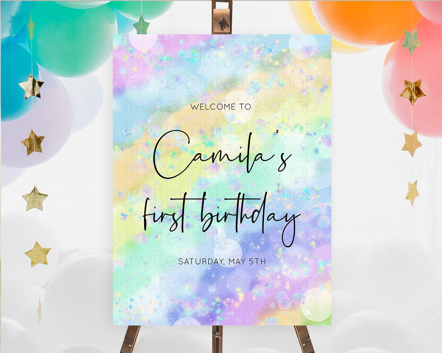 Pastel Welcome Sign Pastel Rainbow Welcome Sign Colorful Rainbow Confetti Watercolor Glitter Pastel First Birthday Welcome Sign D10689