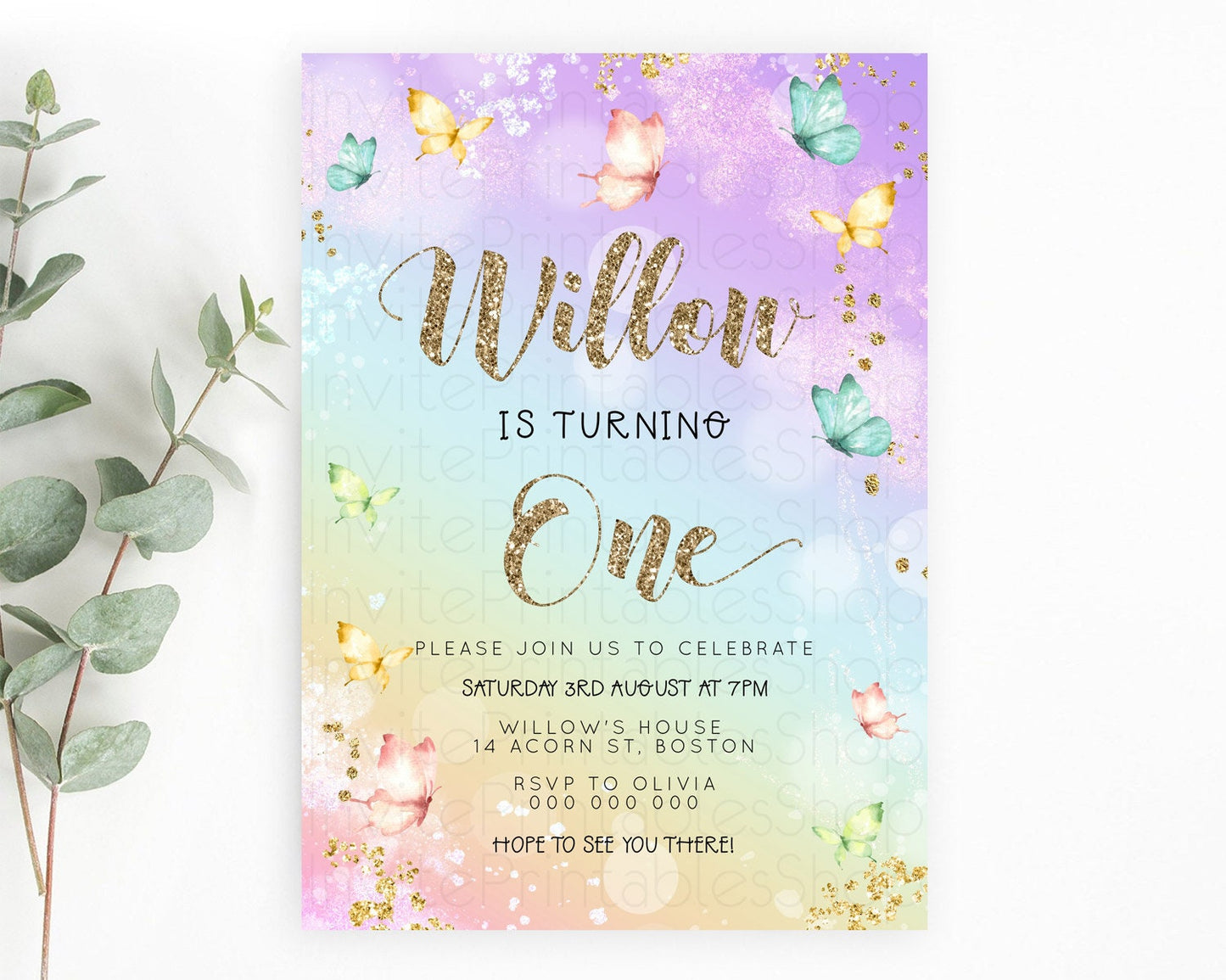 Pastel Butterfly Birthday Invitation Butterfly Birthday Invitation Colorful Splash Glitter Butterfly Garden 1st 2nd Birthday D23089