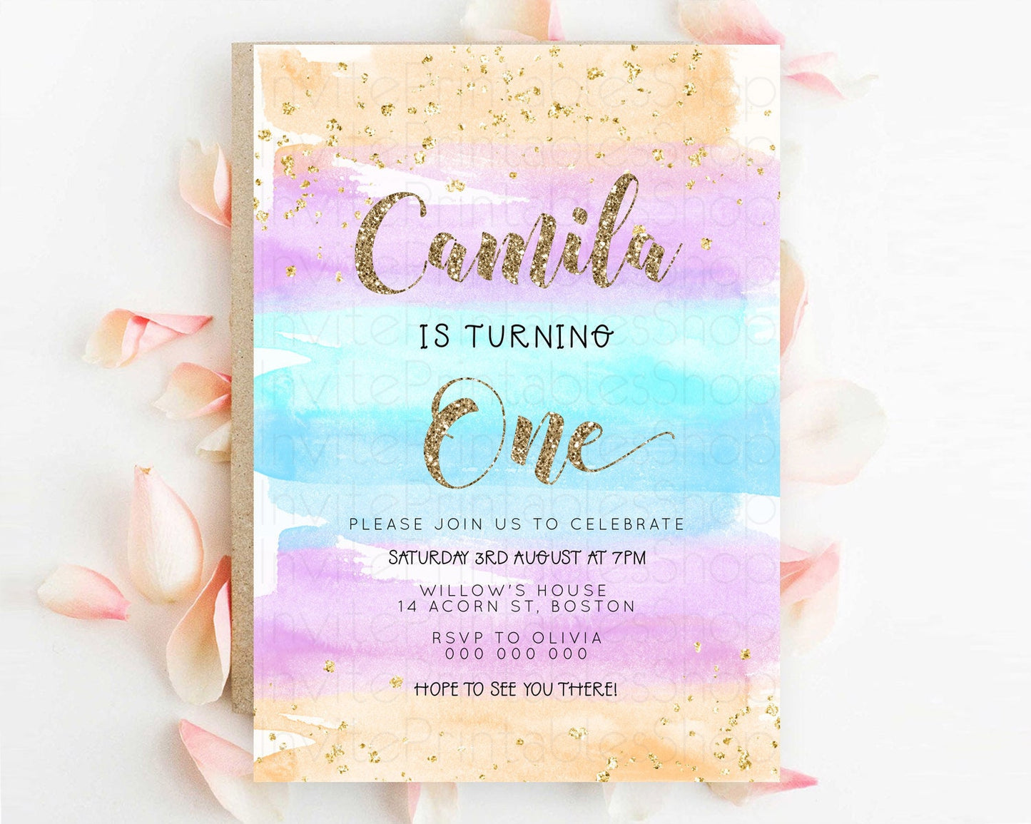 Rainbow Birthday Invitation Colorful Pastel Watercolor Invitation Gold Glitter Sprinkles Ombre Pastel 1st 2nd 3rd Birthday D23272