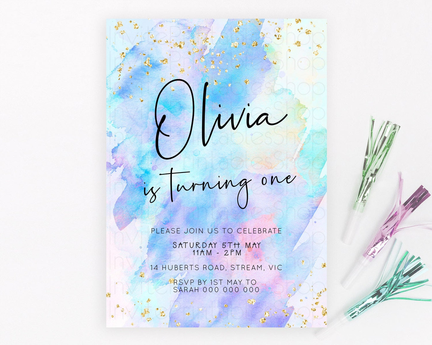 Pastel Birthday Invitation Ombre Watercolor Birthday Invitation Glitter Rainbow Color Splash 1st 2nd 3rd Birthday Invitation D23061