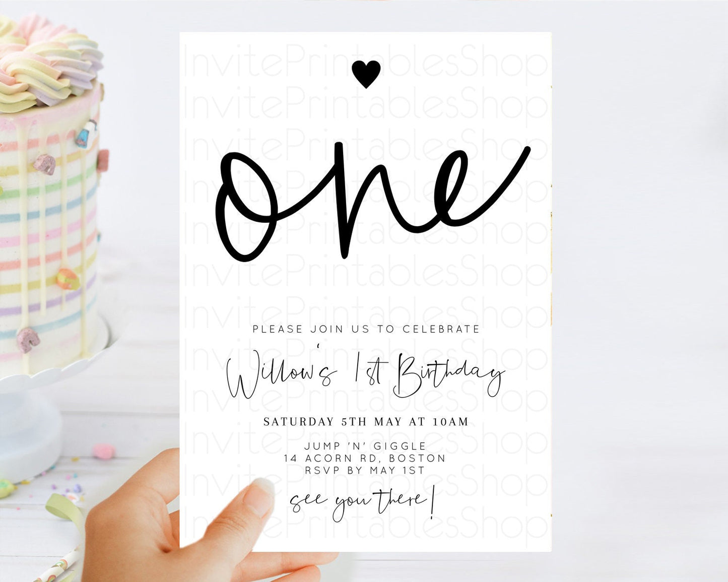 Minimalist Birthday Invitation White Black Invitation Minimalist Pastel Invitation Plain Invites Modern Simple 1st First Birthday D11013
