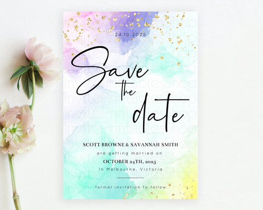 Editable Pastel Save The Date Template Pastel Ombre Rainbow Watercolor Color
