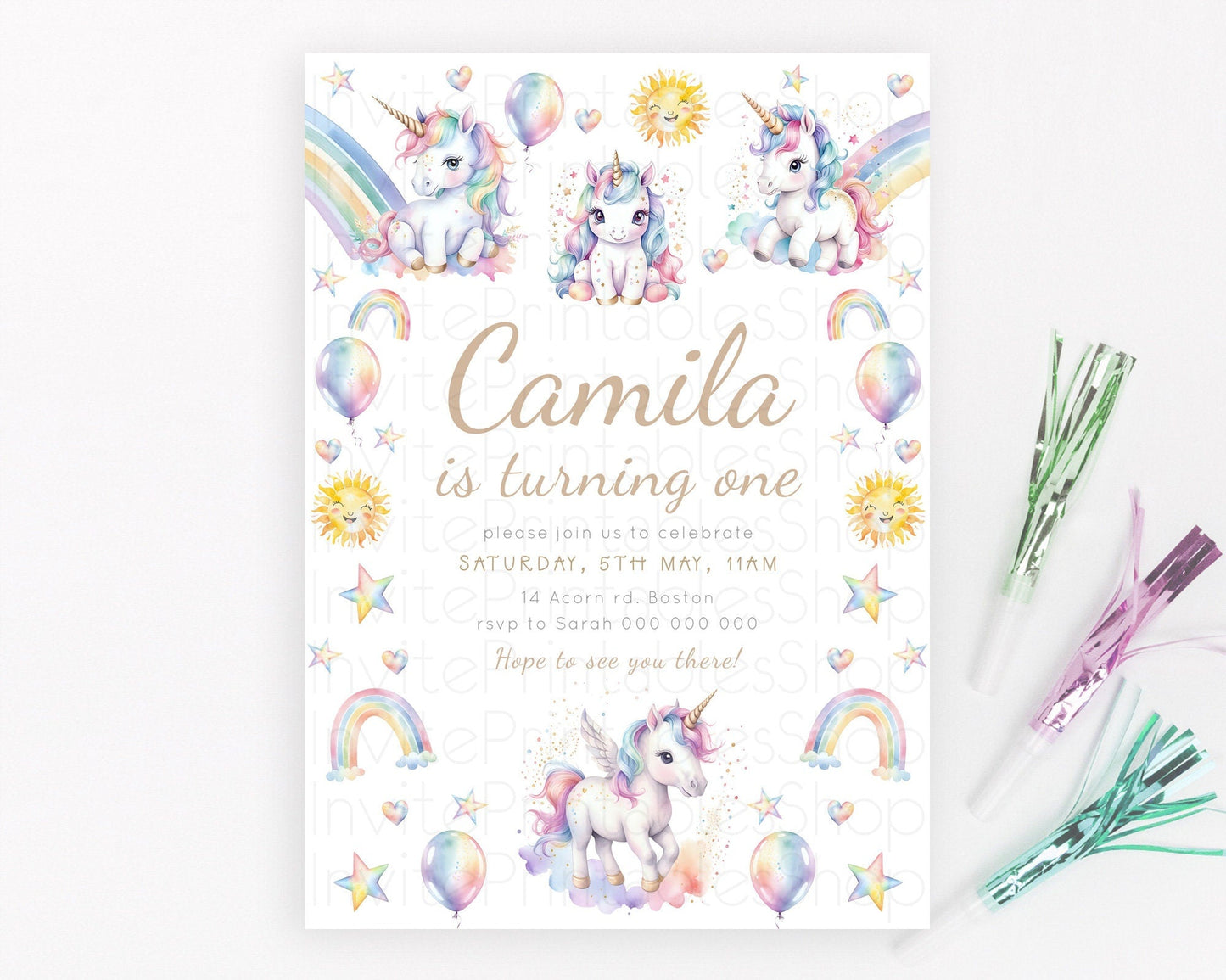 Rainbow Unicorn Birthday Invitation Pastel Birthday Invitation Magical Unicorn Party Theme Pastel Stars Heart Sun 1st 2nd Birthday D23372