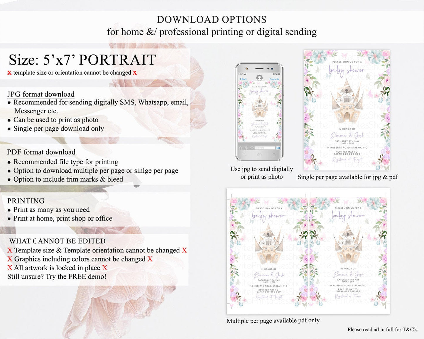 Pastel Princess Baby Shower Invitation Floral Castle Invitation Royal Baby Invite Enchanted Castle Pastel Flower Garden Baby Shower D10471