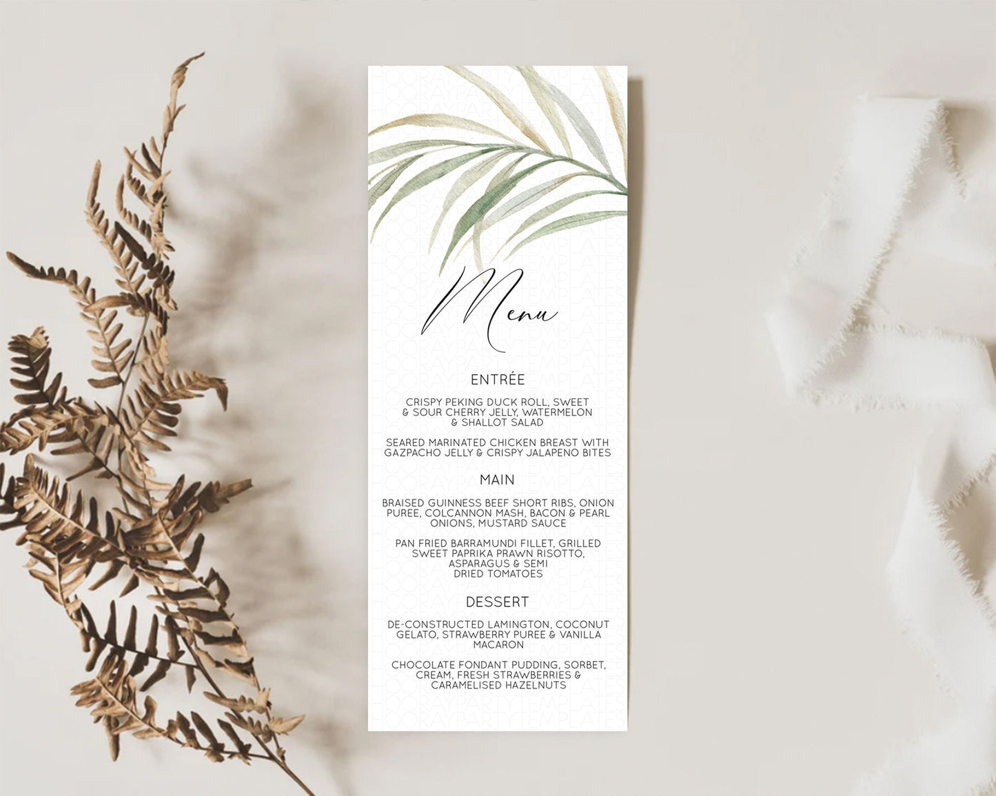 Leafy Menu Green Leaf Menu Template Eucalyptus Fern Leaves Decor Watercolor Boho Garden Leaf Branch Dinner Dessert Party Food Menu D11043