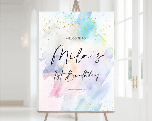 Editable Rainbow Welcome Sign Pastel 1st Birthday Sign Ombre Watercolor Birt
