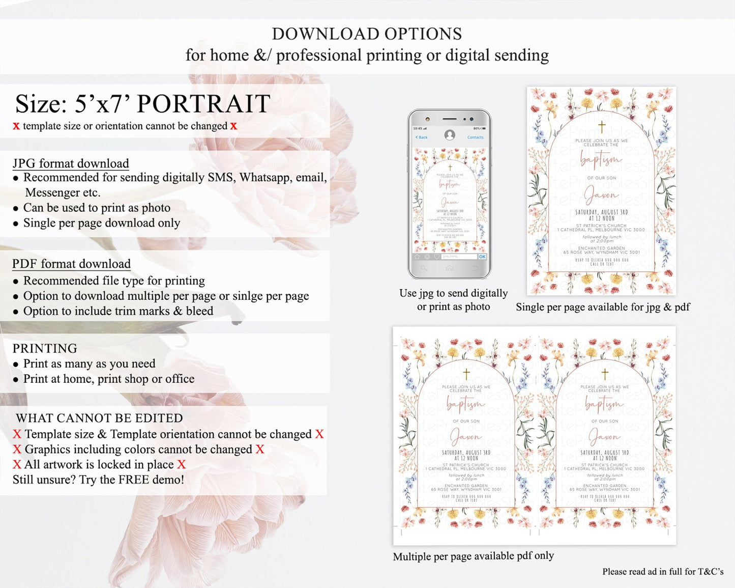 Secret Garden Baptism Invitation Wildflower Baptism Birthday Invite Pastel Flowers Christening Invite Enchanted Garden Boho Floral D10682