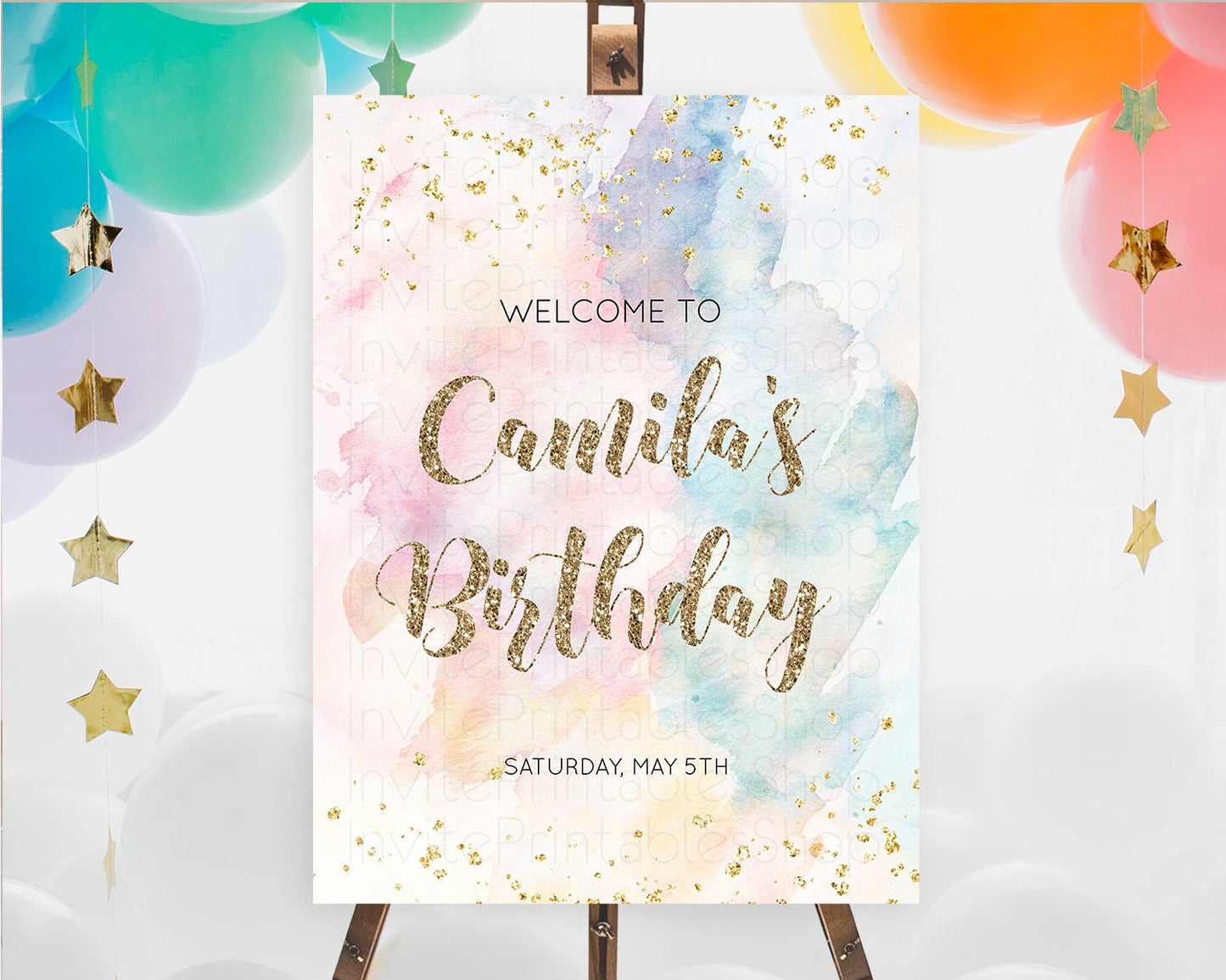 Pastel Welcome Sign Pastel Rainbow Welcome Sign Colorful Rainbow Confetti Watercolor Glitter Pastel First Birthday Welcome Sign D10264