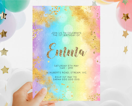 Rainbow Birthday Invitation Colorful Pastel Watercolor Invitation Gold Glitter Sprinkles Ombre Pastel 1st 2nd 3rd Birthday D10561