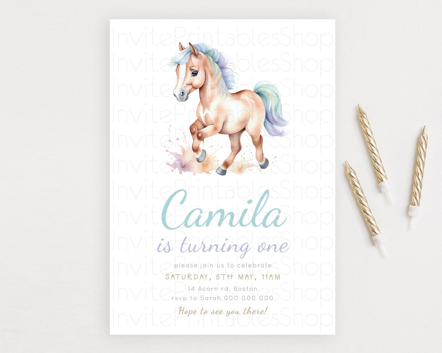 Horse Birthday Invitation, Galloping Wildflower Fields, Pastel Flowers, Butterflies, Flowers Accents for Equestrian & Cowgirls d23377