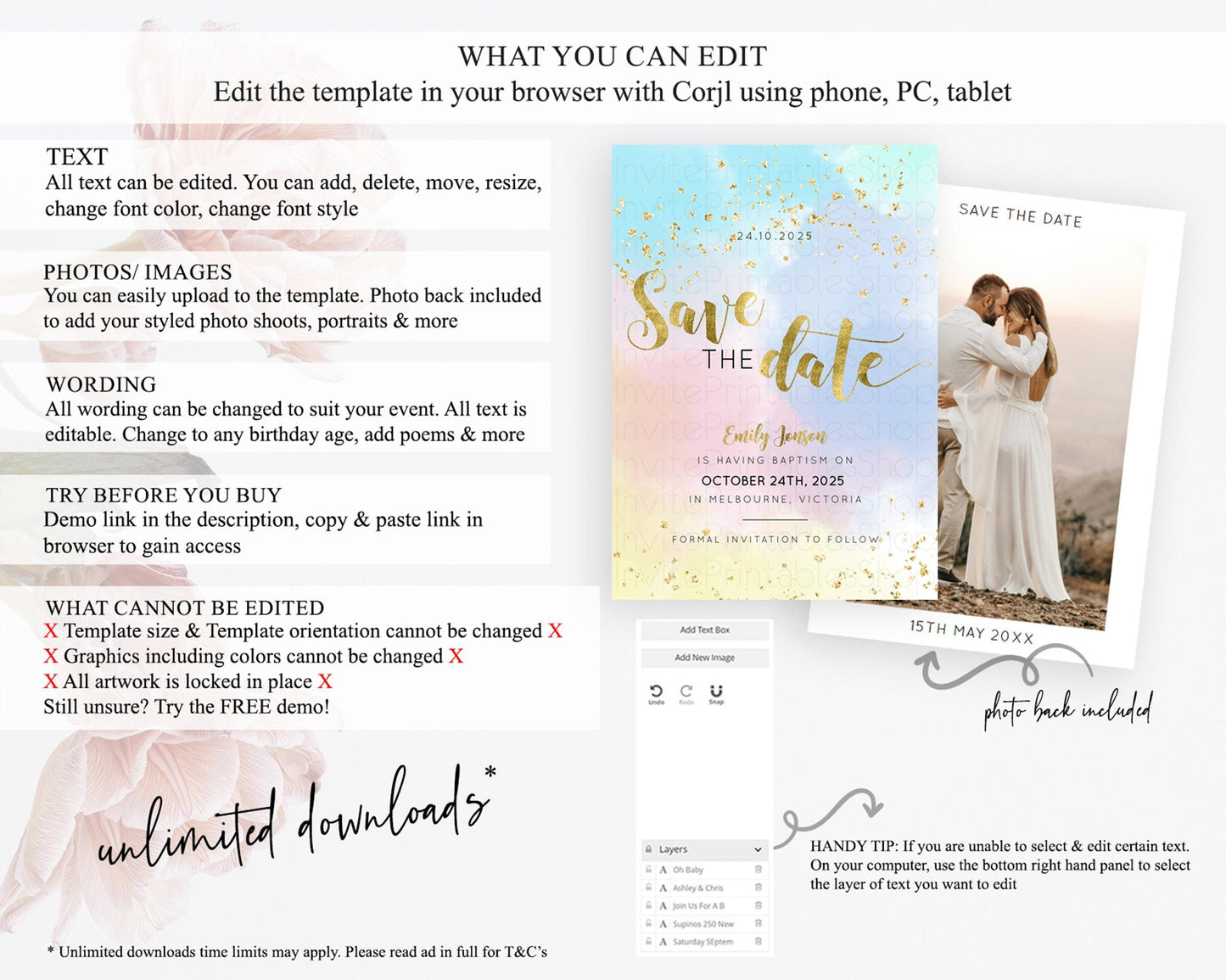 Pastel Save The Date Template Pastel Ombre Rainbow Watercolor Colorful Party For Birthday Baptism Baby Shower Wedding Bridal Shower D10892