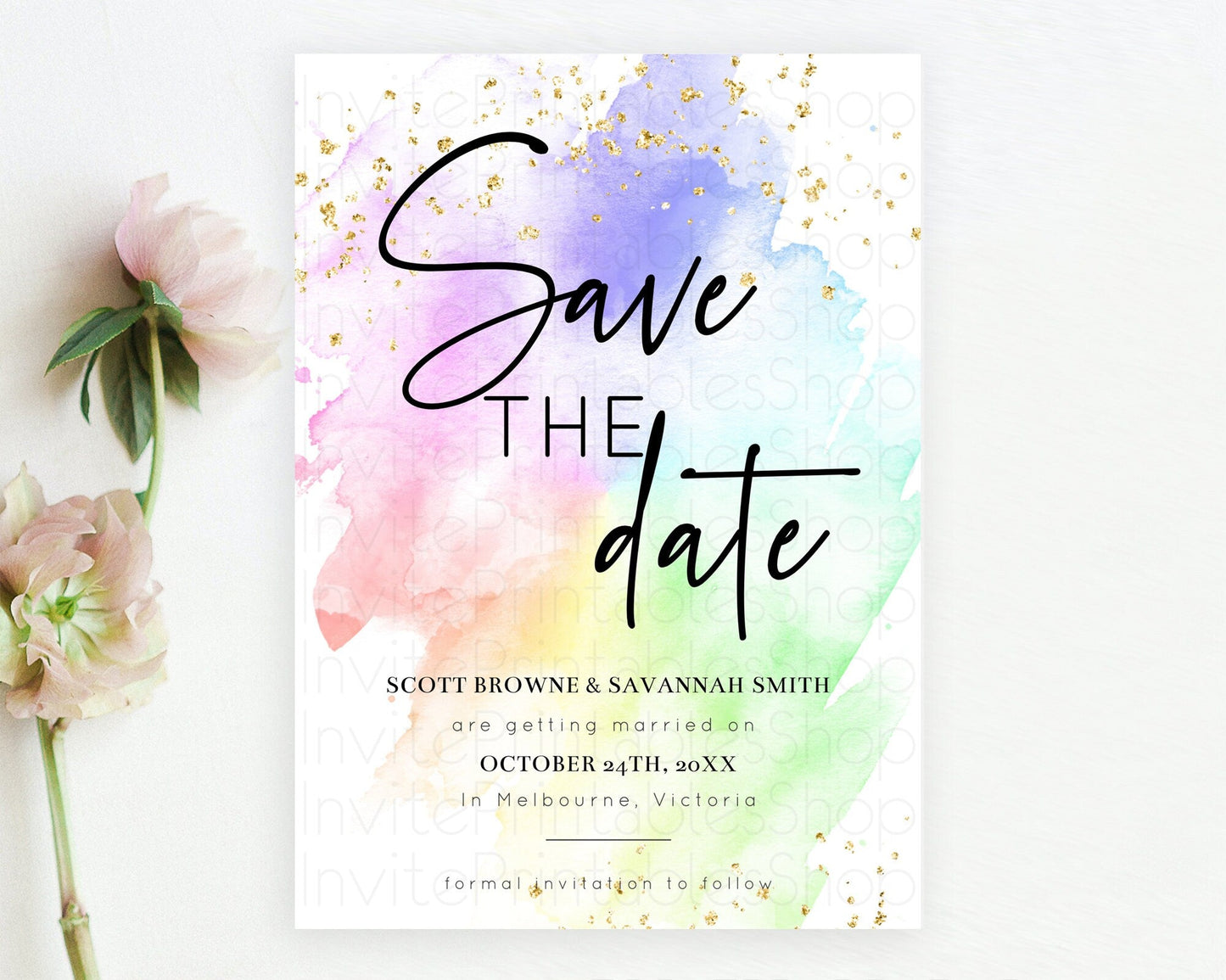 Pastel Save The Date Template Pastel Ombre Rainbow Watercolor Colorful Party For Birthday Baptism Baby Shower Wedding Bridal Shower D10316