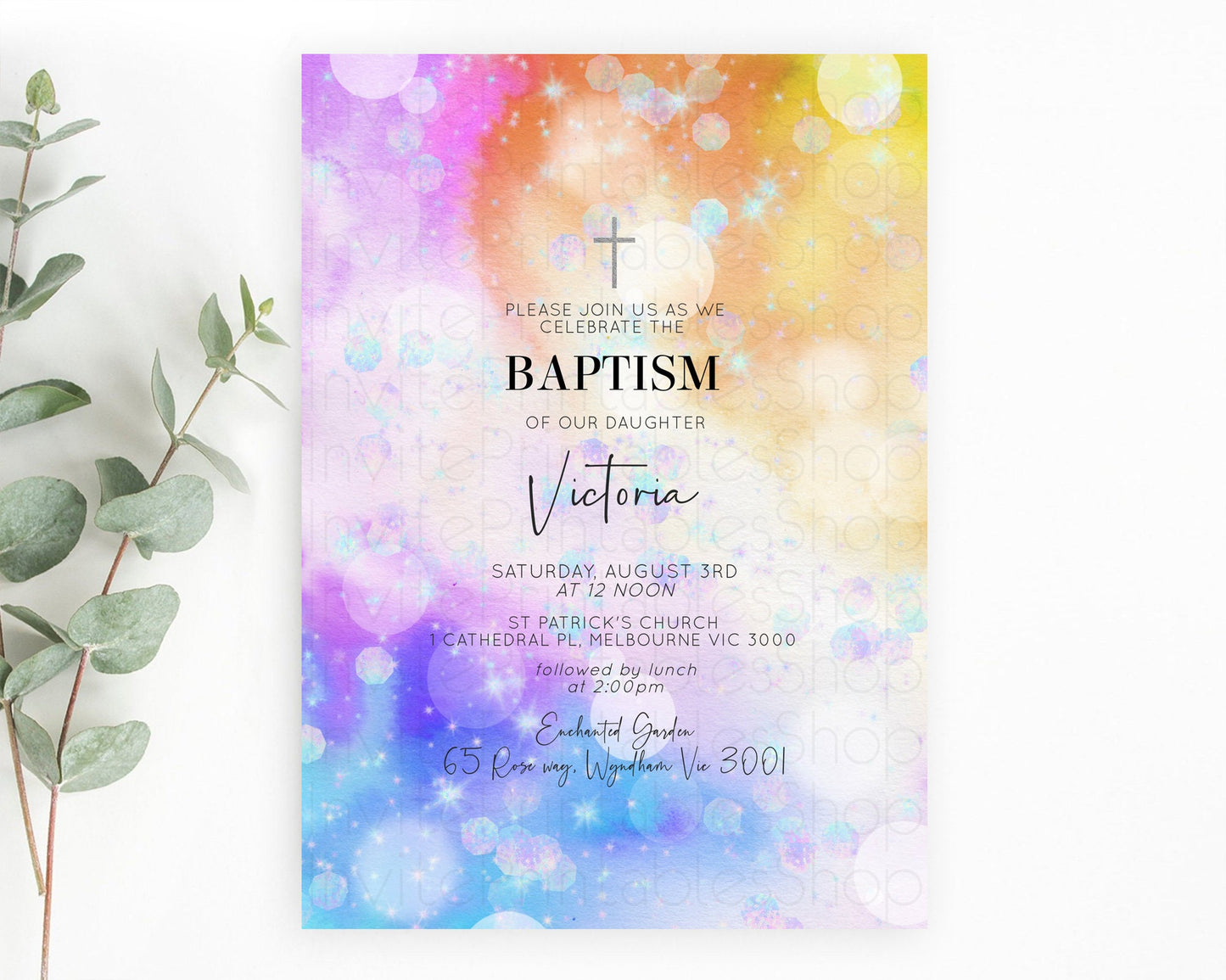 Rainbow Baptism Invitation Colorful Pastel Watercolor Baptism 1st Birthday Invitation Iridescent Glitter Sprinkles Ombre Christening D10690