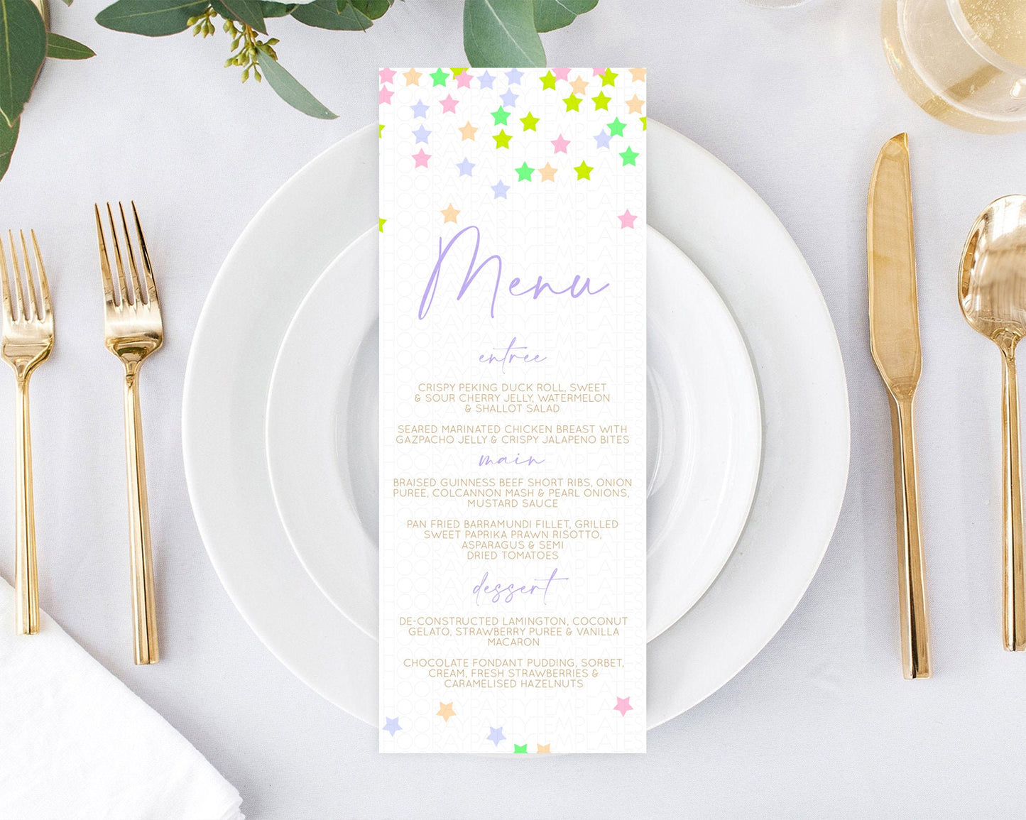 Star Menu Template Pastel Stars Menu Shooting Star Twinkle Little Star Decor Rainbow Colorful Confetti Dinner Dessert Food Menu D10396