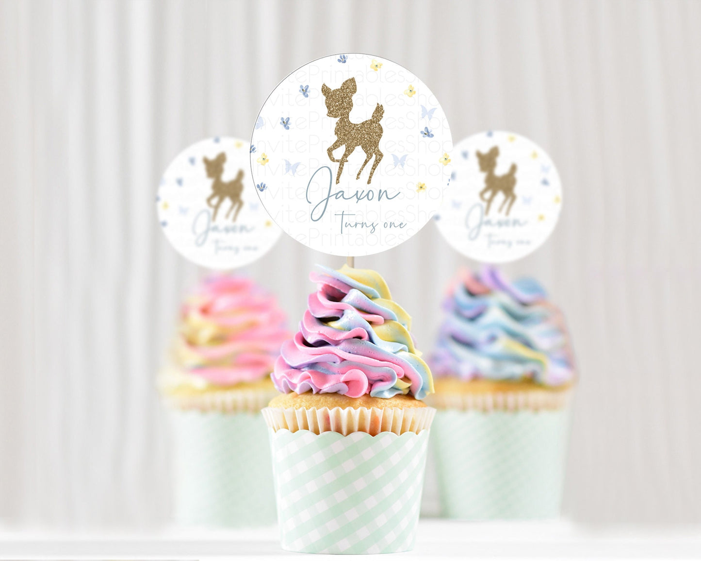 Fawn Cupcake Toppers Deer Cupcake Toppers Enchanted Forest Party Butterfly Pastel Flowers Woofland Cupcake Toppers First Birthday D10864