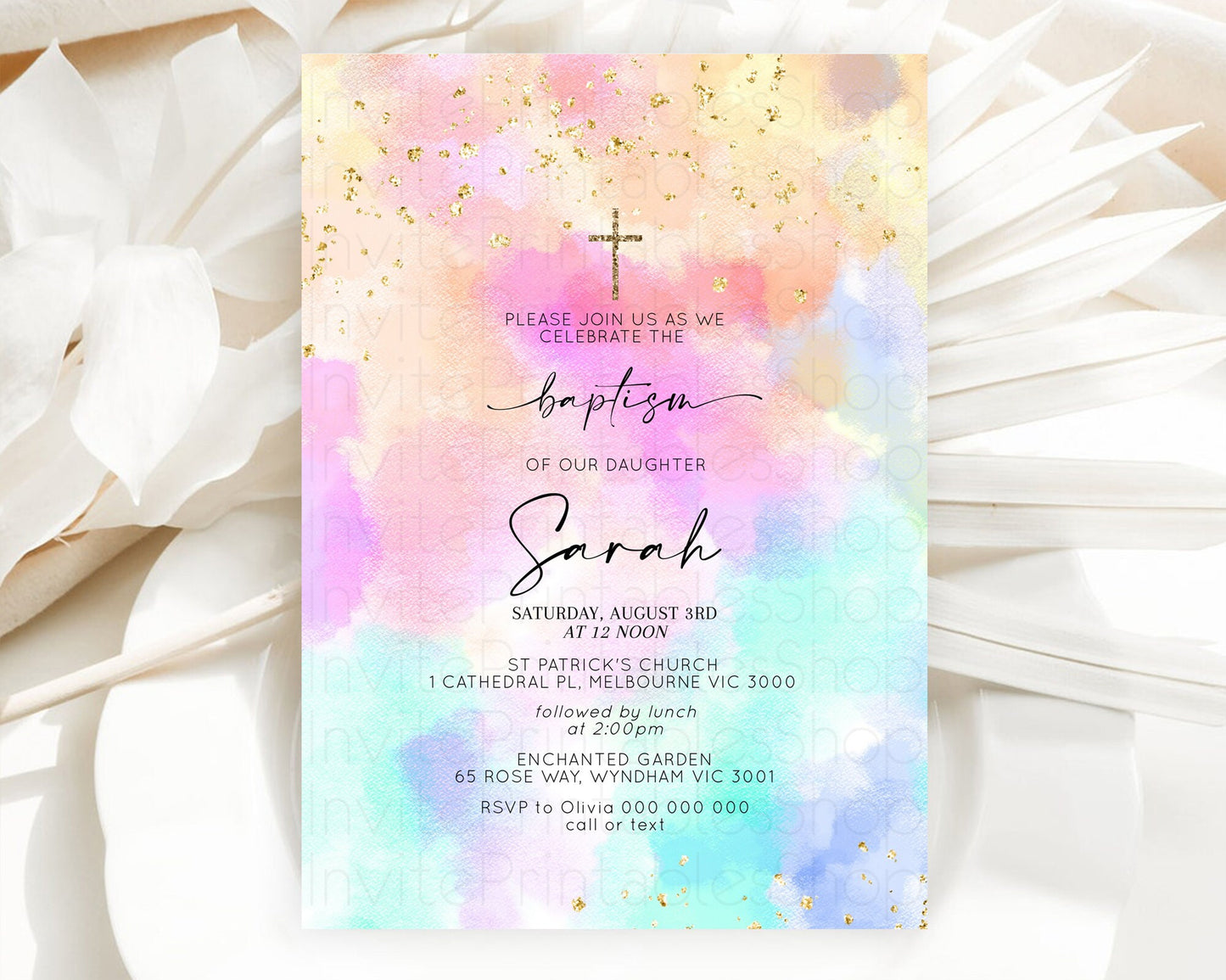 Pastel Baptism Invitation Pastel Colors Watercolor Baptism 1st Birthday Party Gold Ombre Pastel Rainbow Christening Holy Communion D10667