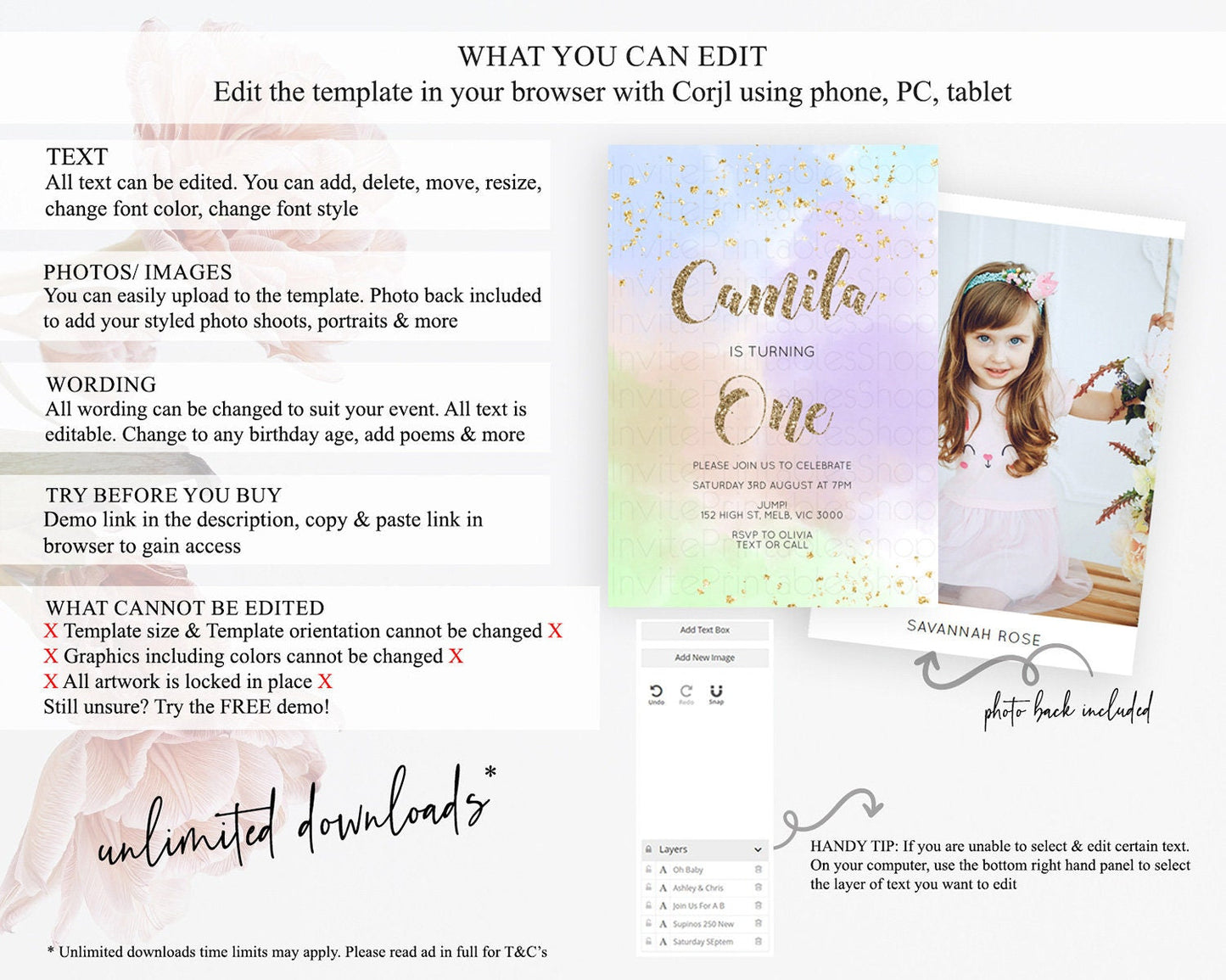 Rainbow Birthday Invitation Colorful Pastel Watercolor Invitation Gold Glitter Sprinkles Ombre Pastel 1st 2nd 3rd Birthday D10372