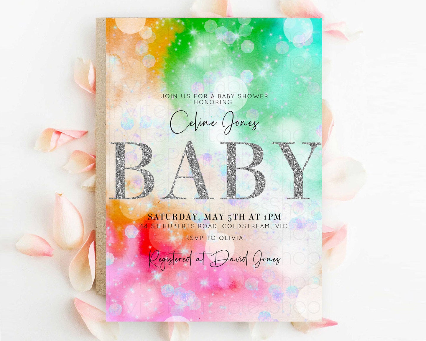 Colorful Baby Shower Invitation: Pastel Watercolor, Ombre Rainbow, Green, Orange, Blue, Red Pink, Silver Glitter, Iridescent Confetti D10691