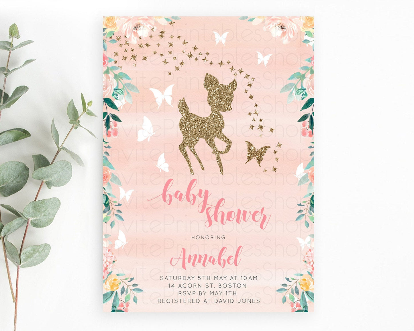 Fawn Baby Shower Invitation, Enchanted Forest, Deer, Whimsical Butterfly, Pastel Flowers, Orange Watercolor, Glitter, Magical Accents D10873